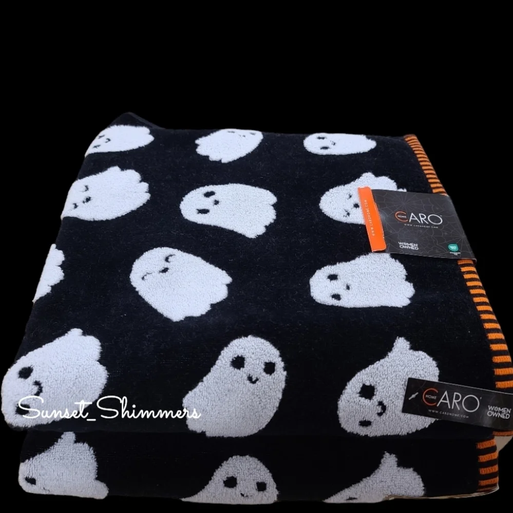 4pc Halloween Ghost Black White Orange Plush Bath & Hand Towel Set Caro Home New